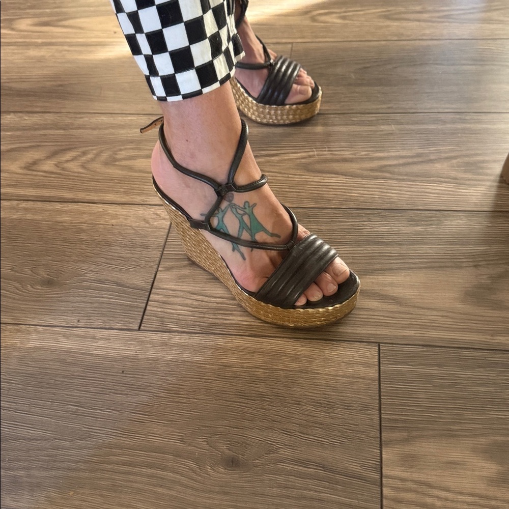 Coach Black Leather Wedge Sandals with Braided Espadrille - Picture 5 of 16